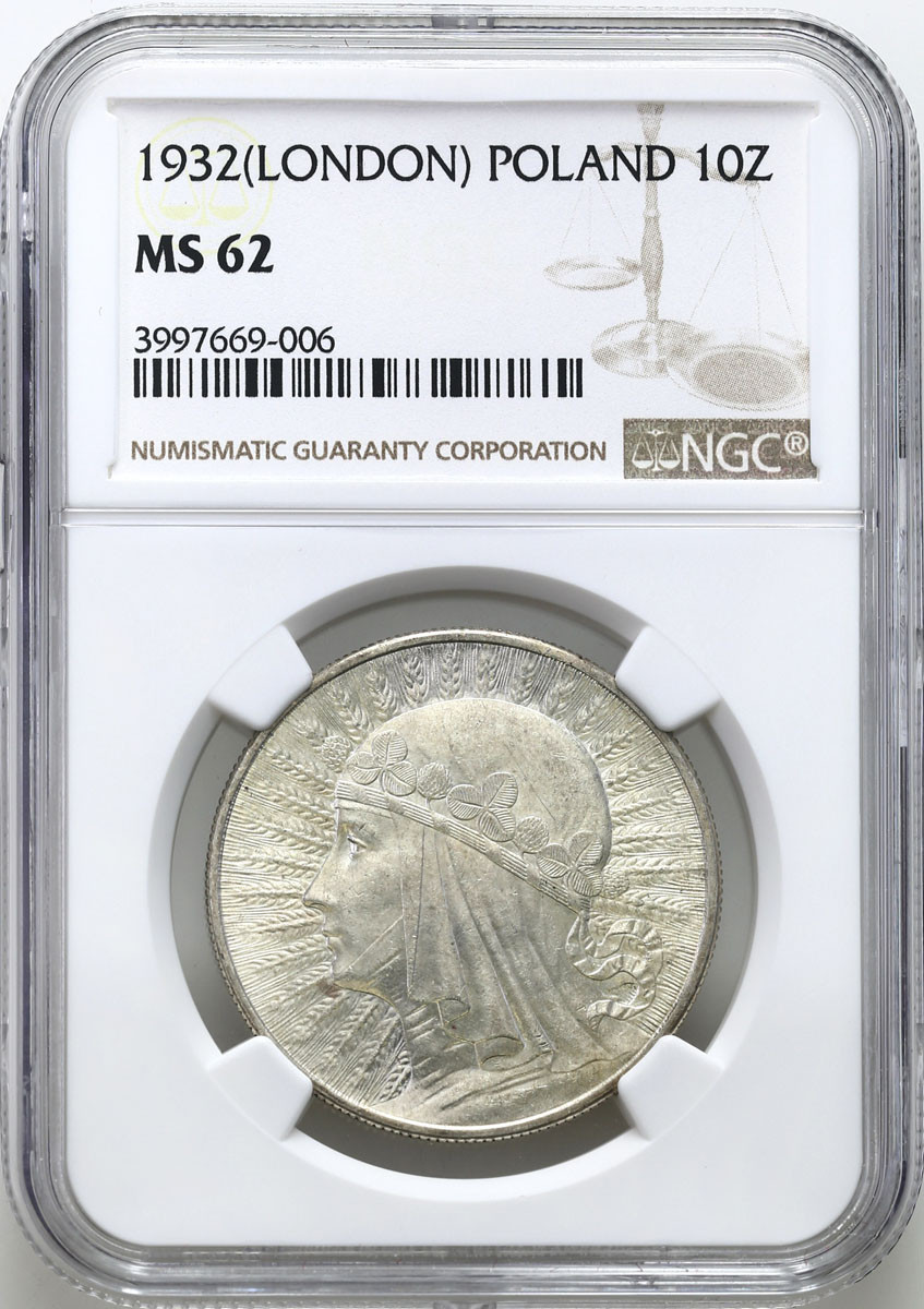 II RP. 10 złotych 1932 głowa kobiety (bez znaku), Londyn NGC MS62